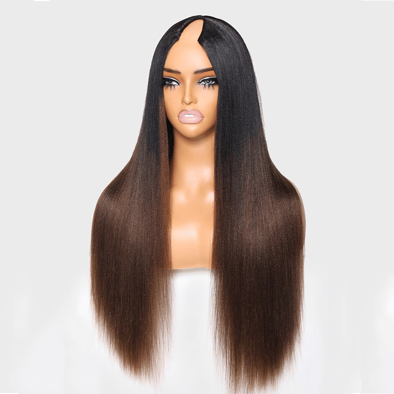 Wesface V Part Wig Human Hair Yaki Straight Ombre Brown No Leave Out No Lace V Shape Clip Glueless Wigs for Women