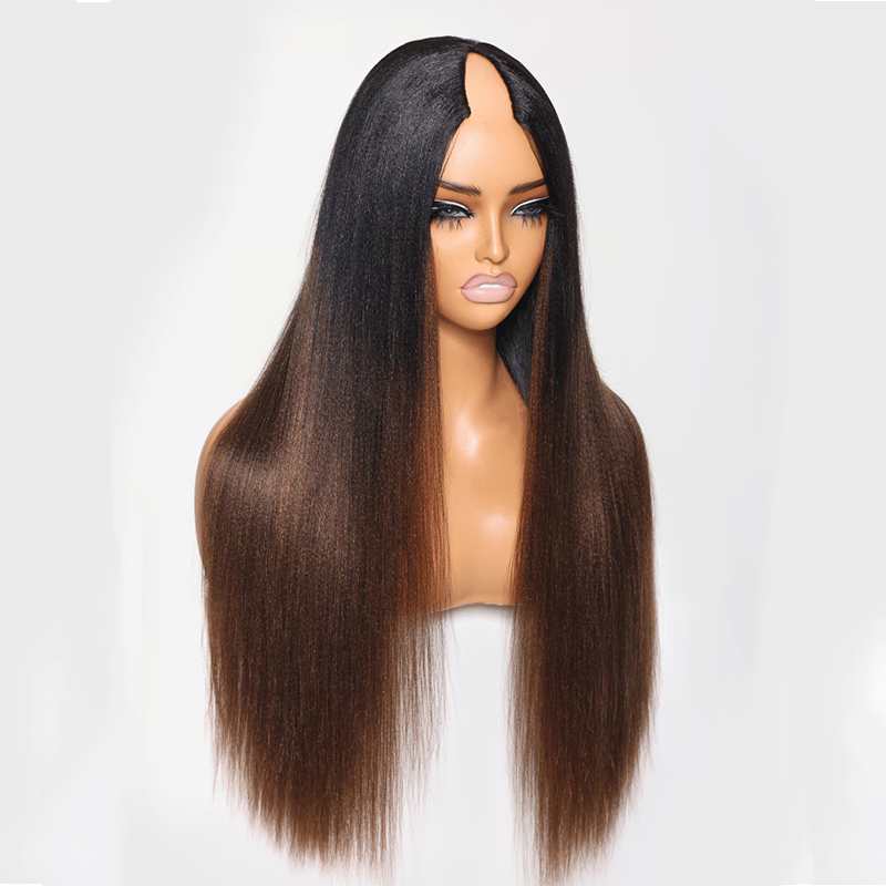 Wesface V Part Wig Human Hair Yaki Straight Ombre Brown No Leave Out No Lace V Shape Clip Glueless Wigs for Women
