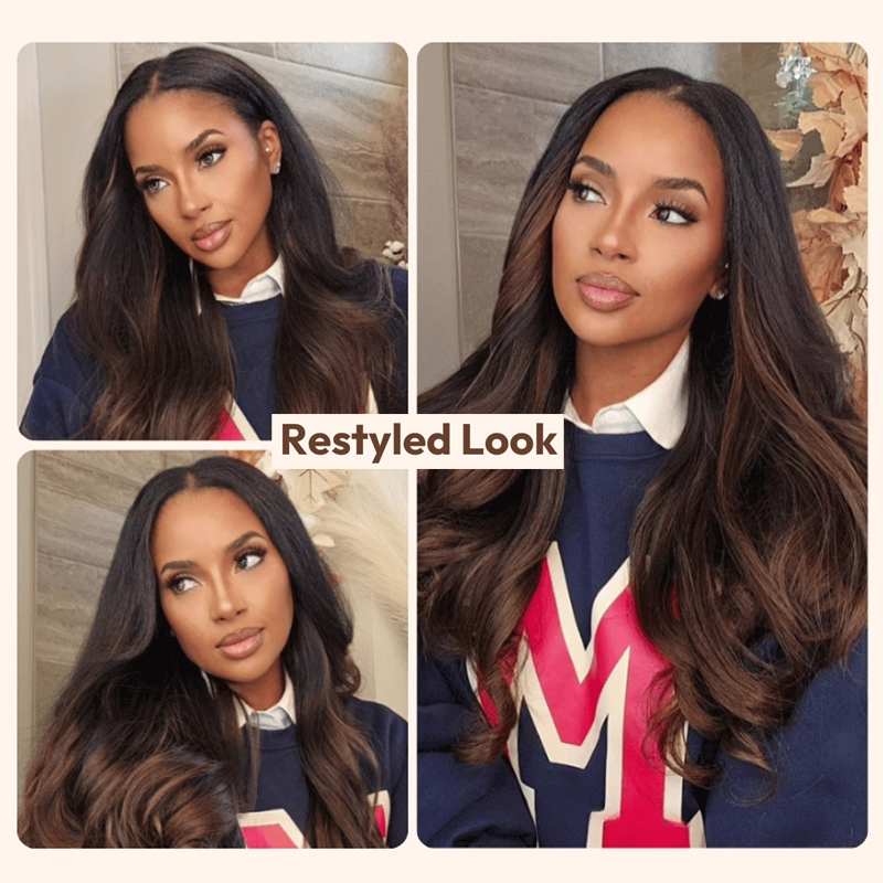 Wesface V Part Wig Human Hair Yaki Straight Ombre Brown No Leave Out No Lace V Shape Clip Glueless Wigs for Women
