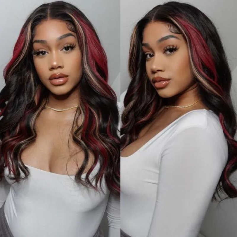Black With Red & Blonde Highlights Lace Front Loose Wave Wig