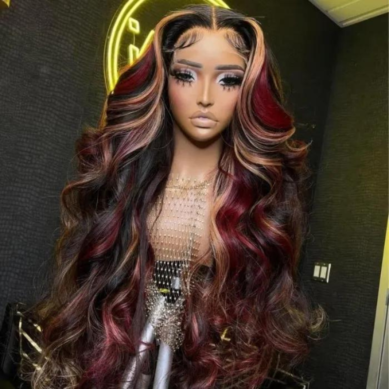 Black With Red & Blonde Highlights Lace Front Loose Wave Wig