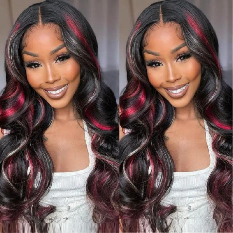 Black With Red & Blonde Highlights Lace Front Loose Wave Wig