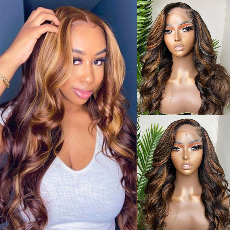 Wesface Body Wave P4/27 Color Highlight Real Transparent 13x4 Lace Front Human Hair Wig