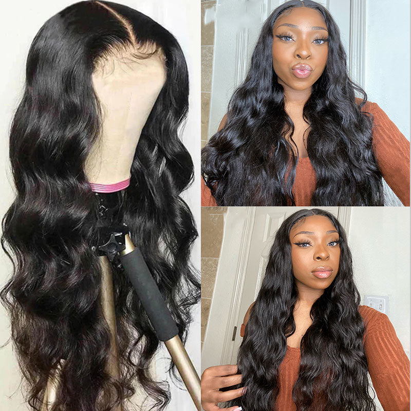 Peluca de cabello humano Wesface Body Wave T Part, color negro natural, densidad del 180 %