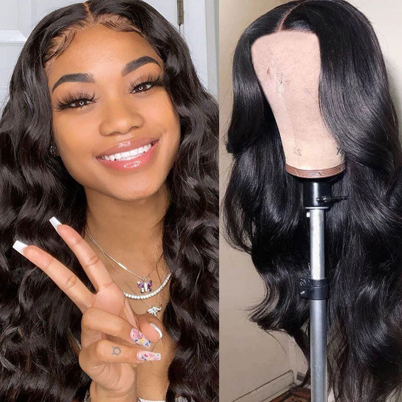 Peluca de cabello humano Wesface Body Wave T Part, color negro natural, densidad del 180 %
