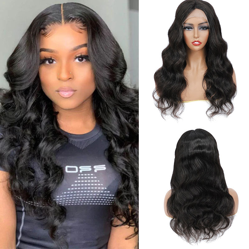 Peluca de cabello humano Wesface Body Wave T Part, color negro natural, densidad del 180 %