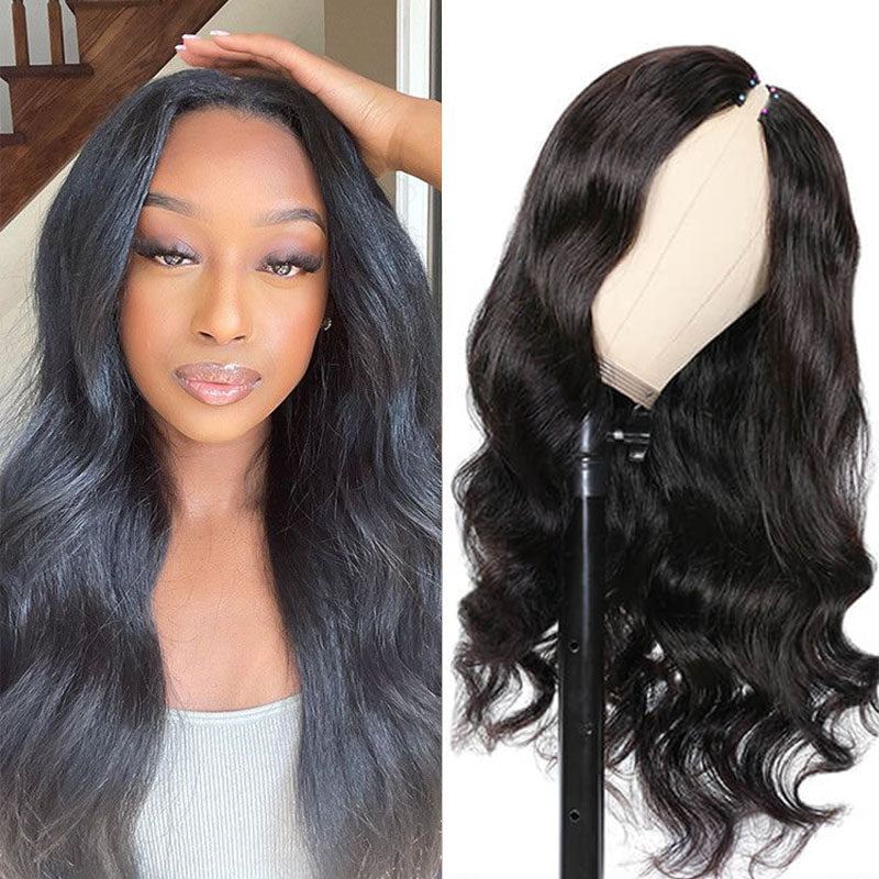Wesface Body Wave V Part Wig Natural Black Glueless Human Hair Wig 180% Density