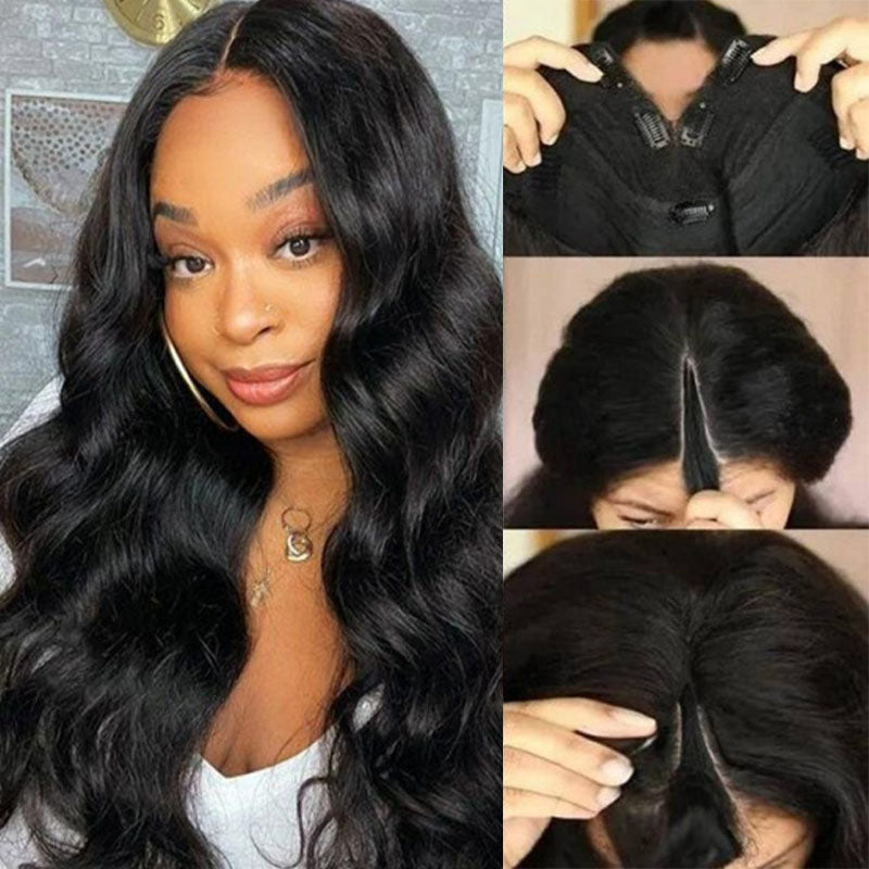 Wesface Body Wave V Part Wig Natural Black Glueless Human Hair Wig 180% Density