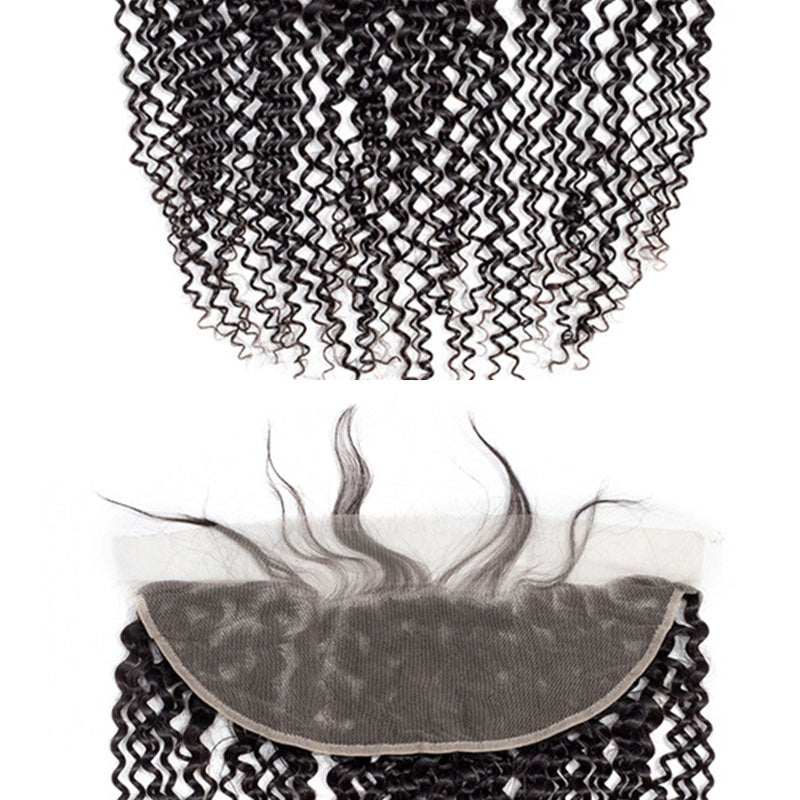 Trama de cabello humano virgen con 3 mechones de cabello rizado Wesface con encaje frontal de 13 x 4