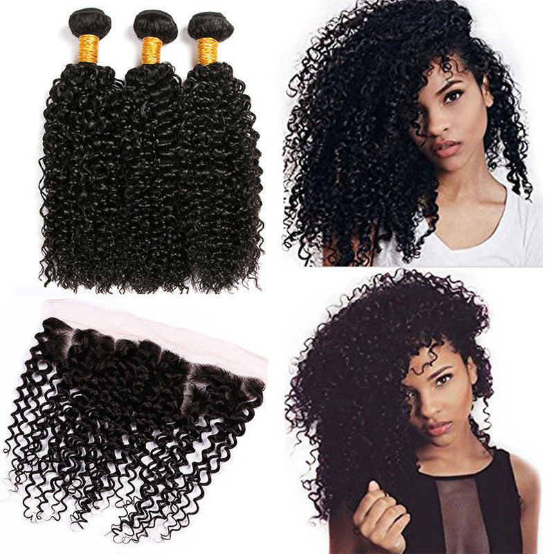 Trama de cabello humano virgen con 3 mechones de cabello rizado Wesface con encaje frontal de 13 x 4