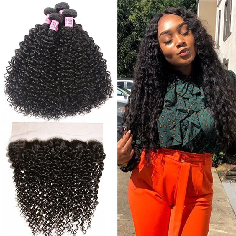 Wesface Curly 4 Pcs Bundles Hair Weft With 13x4 Lace Frontal Natural Black Human Virgin hair