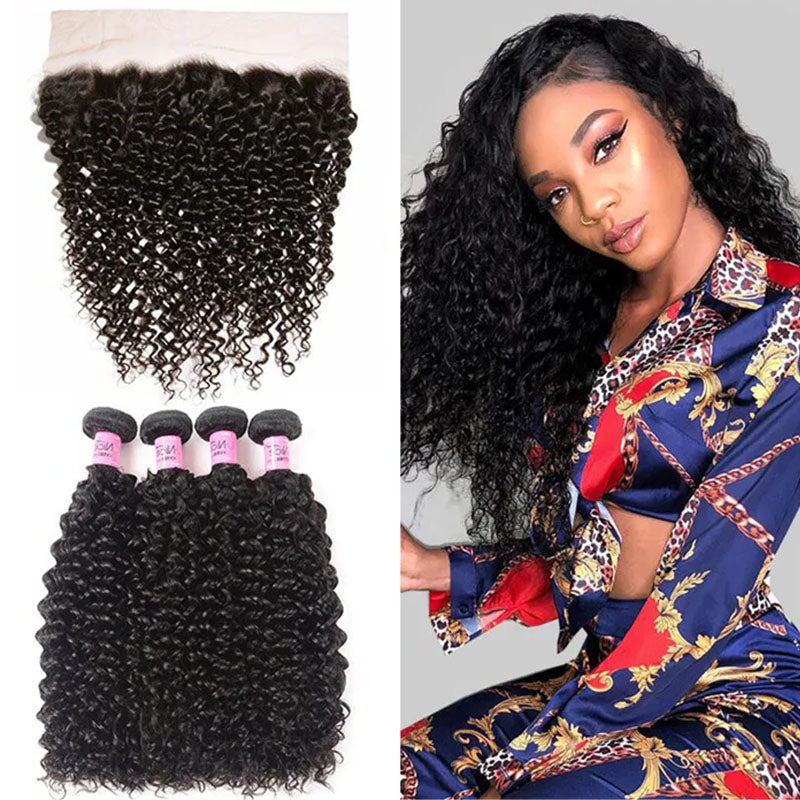 Wesface Curly 4 Pcs Bundles Hair Weft With 13x4 Lace Frontal Natural Black Human Virgin hair