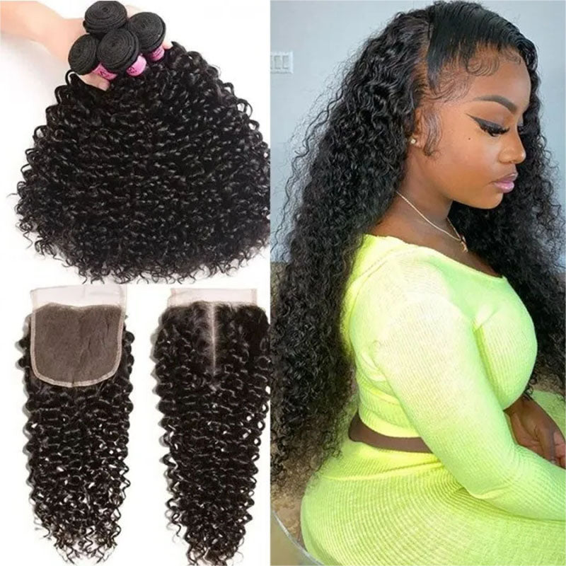Mechones de cabello humano virgen Wesface Curly de 4 piezas con cierre de encaje 4x4