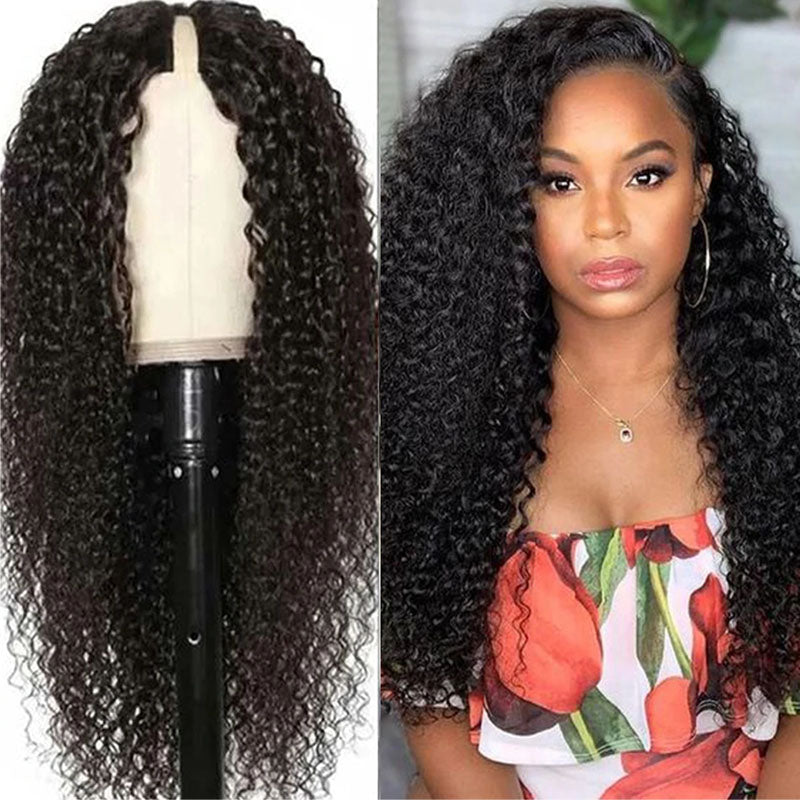 Wesface Curly V Part Wig Gluesless Human Hair Wig Natural Black Color 180% Density