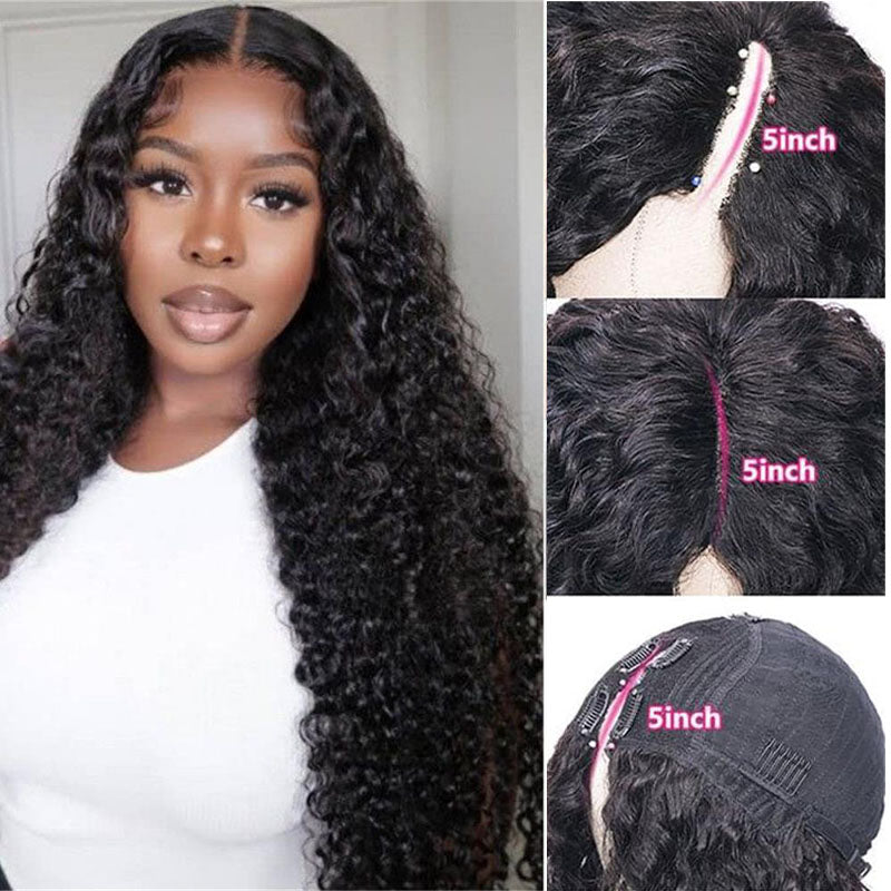 Wesface Curly V Part Wig Gluesless Human Hair Wig Natural Black Color 180% Density