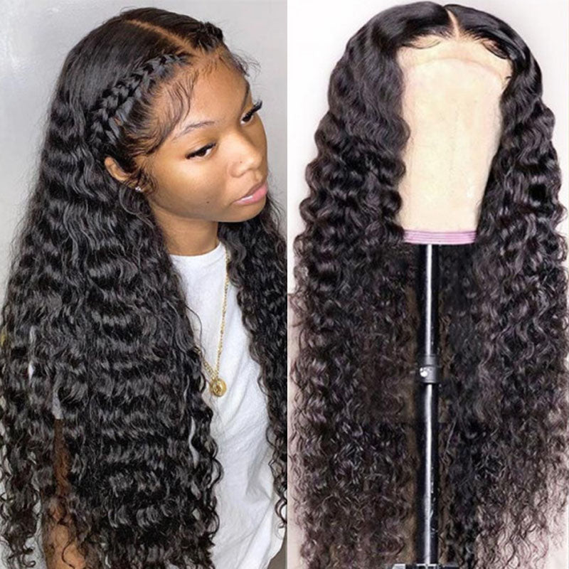 Wesface Deep Wave 13x4 Lace Front Wig Natural Black Human Hair Wig