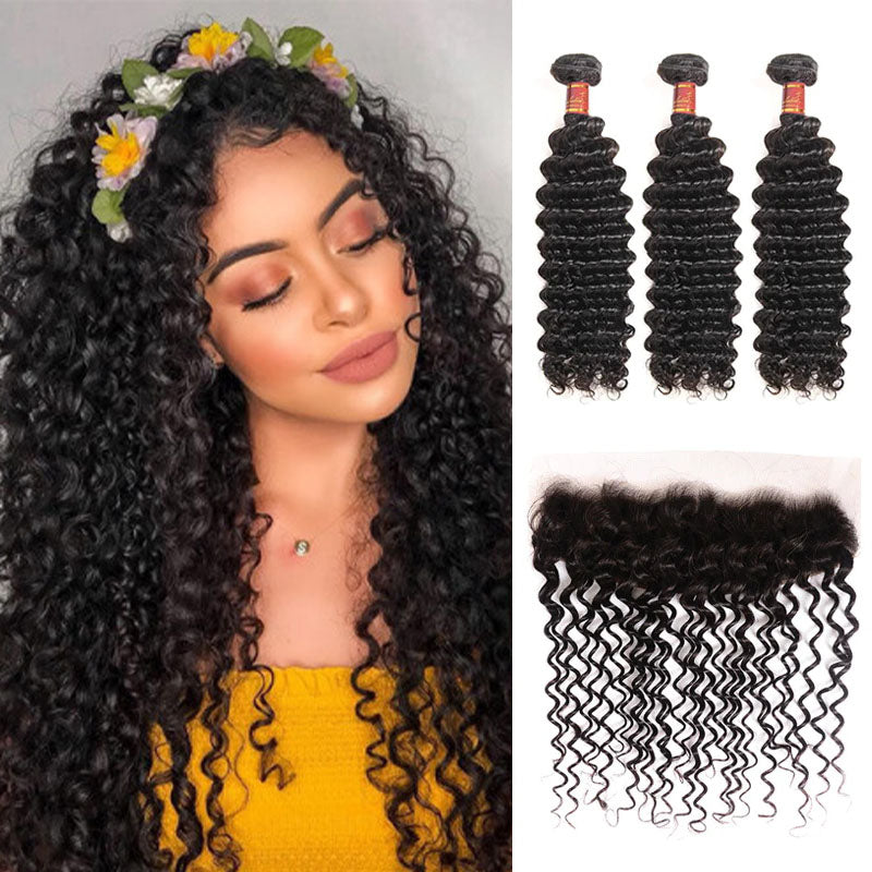 Wesface Deep Wave 3 Bundles Hair Weft With 13x4 Lace Frontal Human Hair