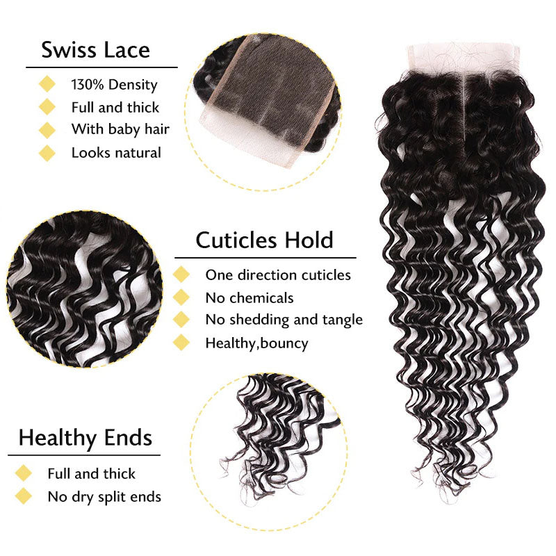 Wesface Deep Wave 3 Bundles Hair Weft With 4x4 Lace Closure Human Hair