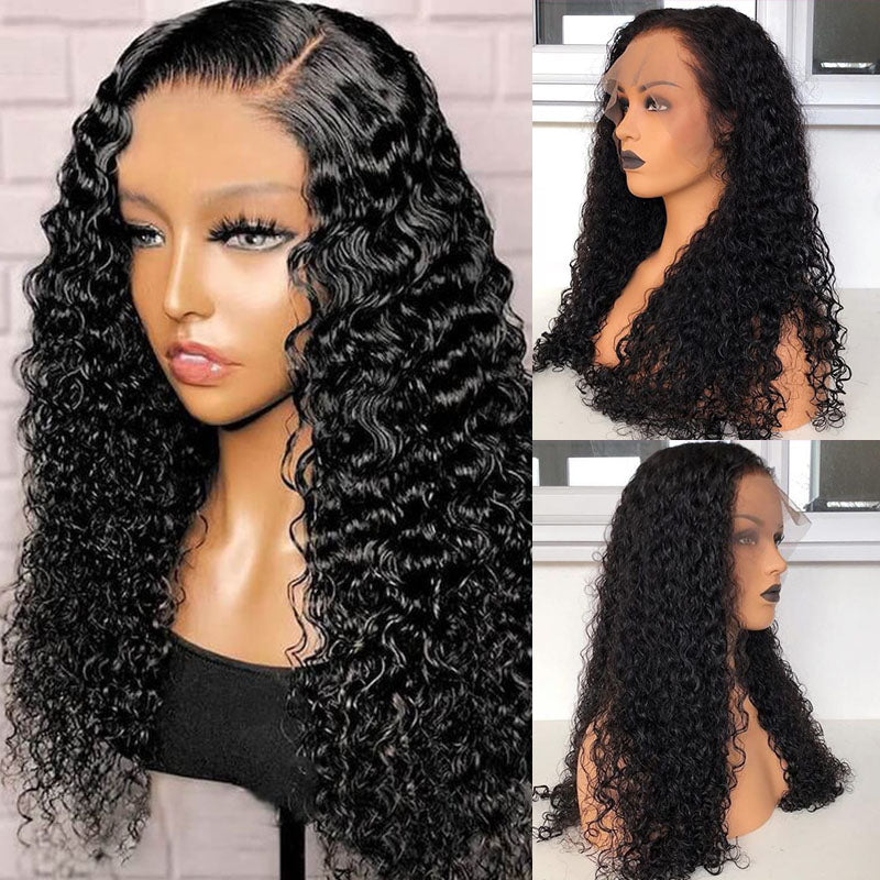 Wesface Deep Wave 360 Transparent Lace Frontal Wig Natural Black Human Hair Wig