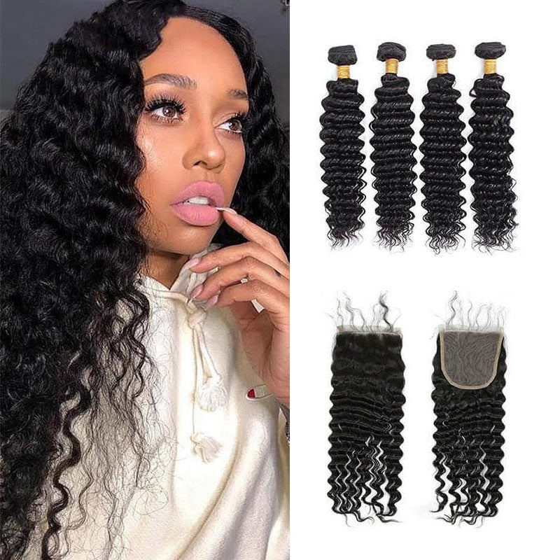 Wesface Deep Wave 4 paquetes de trama de cabello con cierre de encaje 4x4 Cabello humano