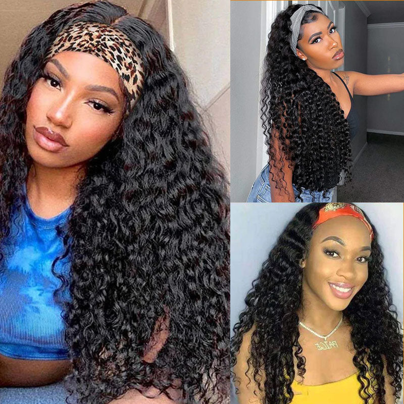 Wesface Deep Wave Headband Wig Natural Black Human Hair Wig For Women