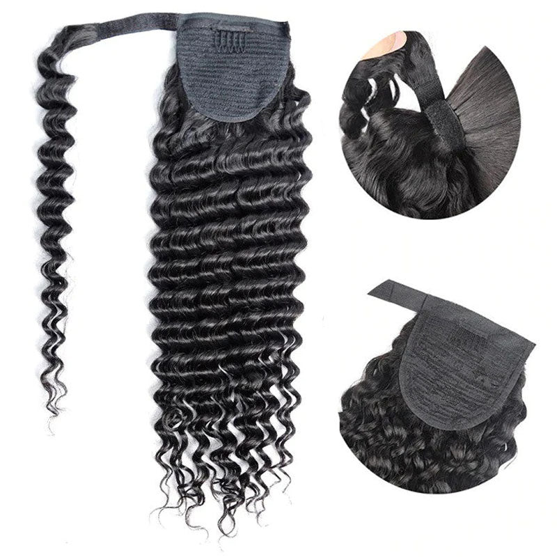 Wesface Hair 16-40 Inch Deep Wave Ponytail Human Hair Natural Black