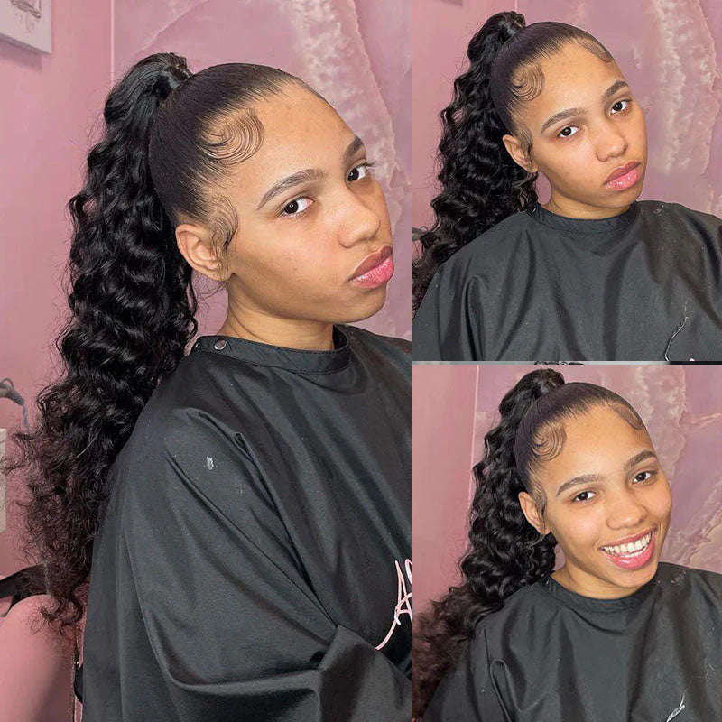Wesface Hair 16-40 Inch Deep Wave Ponytail Human Hair Natural Black