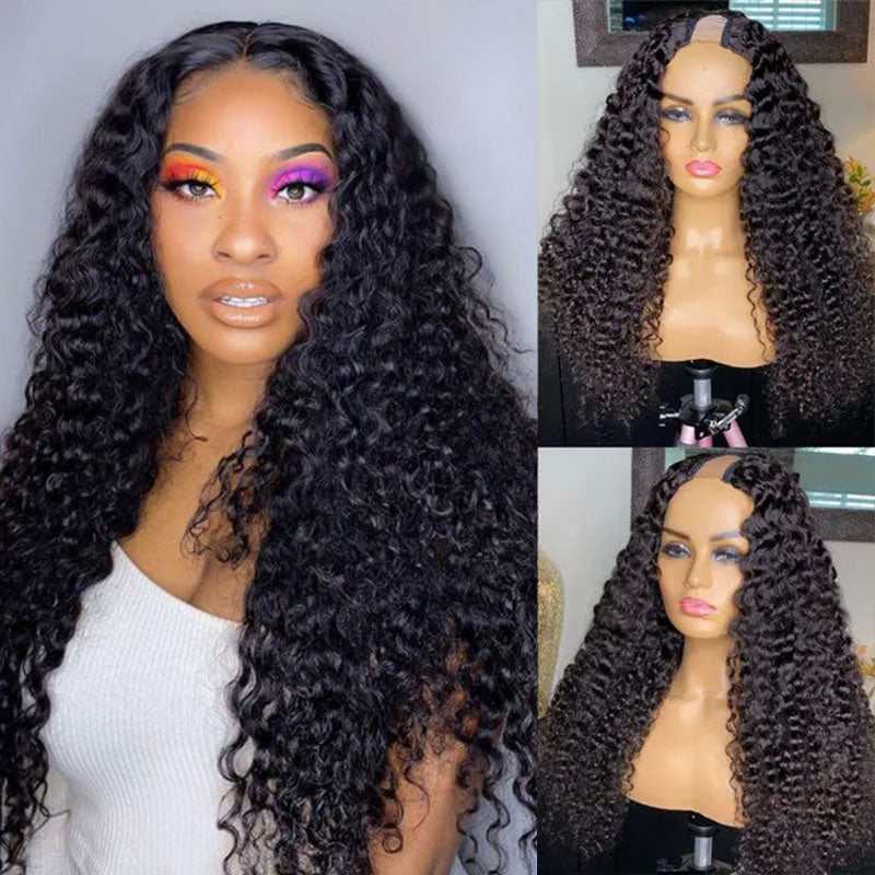 Wesface Deep Wave U Part Wig Natural Black Human Hair Wig 180% Density