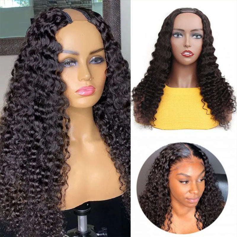 Wesface Deep Wave U Part Wig Natural Black Human Hair Wig 180% Density