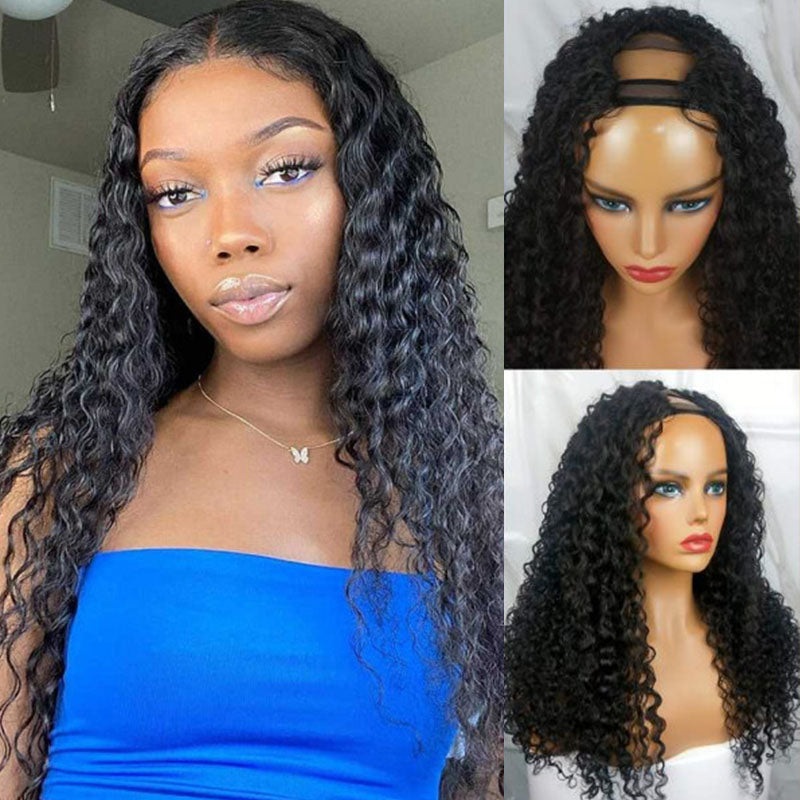 Wesface Deep Wave U Part Wig Natural Black Human Hair Wig 180% Density