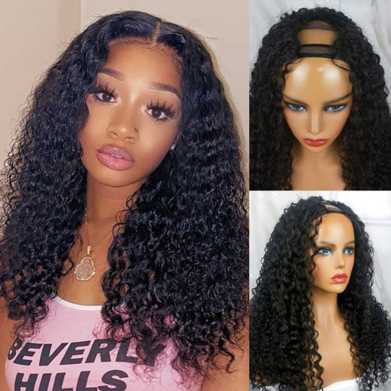 Wesface Deep Wave U Part Wig Natural Black Human Hair Wig 180% Density