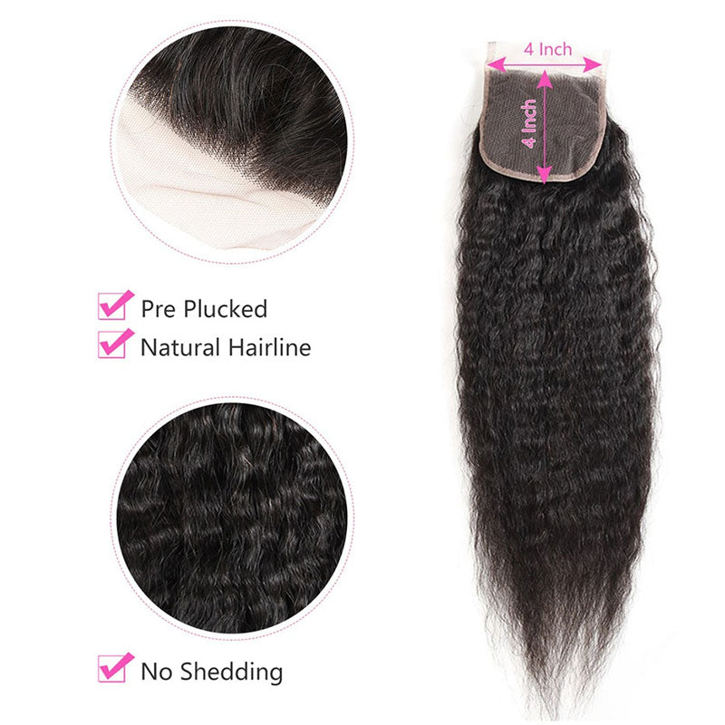 Wesface Kinky Straight 1 Pcs 4x4 Lace Closure Natural Black Human Hair