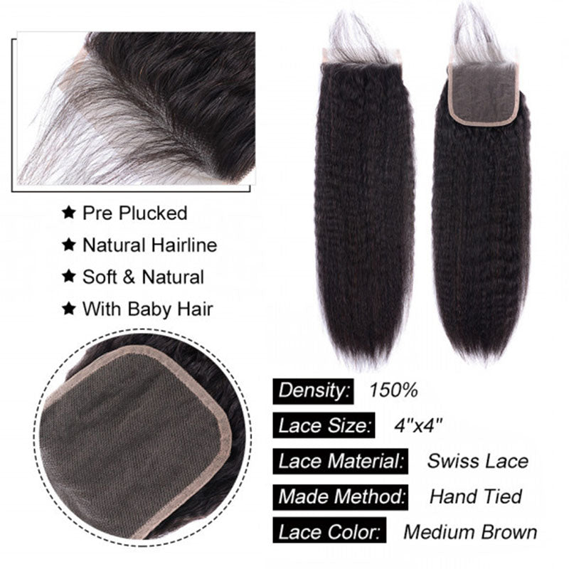 Wesface Kinky Straight 1 Pcs 4x4 Lace Closure Natural Black Human Hair
