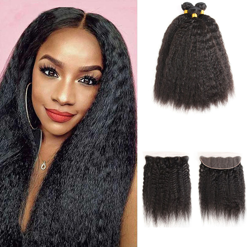 Wesface Kinky Straight 3 Pcs Bundles Hair Weft With 13x4 Lace Frontal Natural Black Human Hair