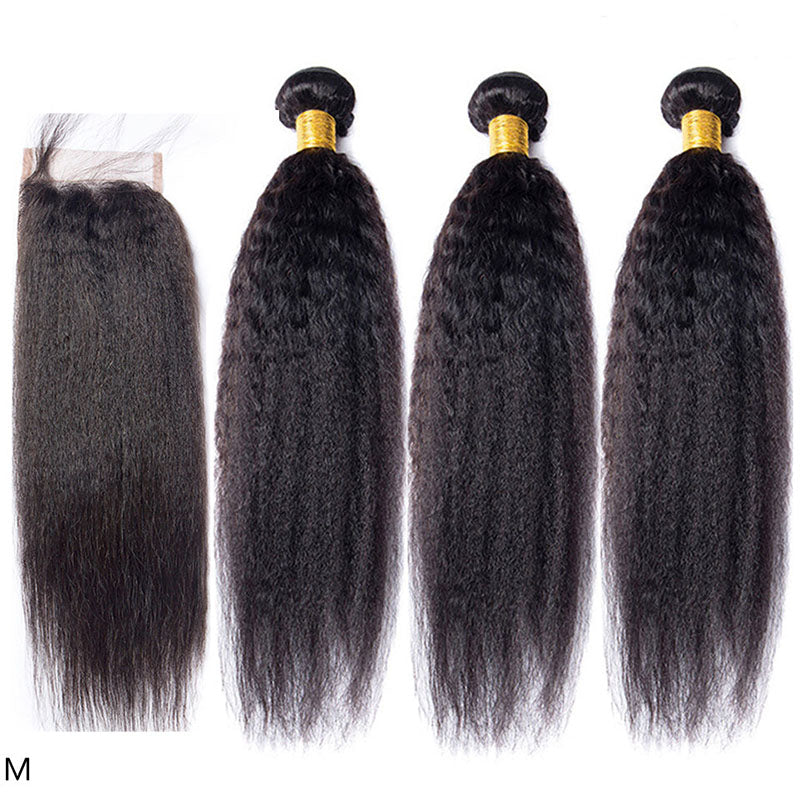 Wesface Kinky Straight 3 Pcs Bundles Hair Weft With 4x4 Lace Closure Natural Black Human Hair