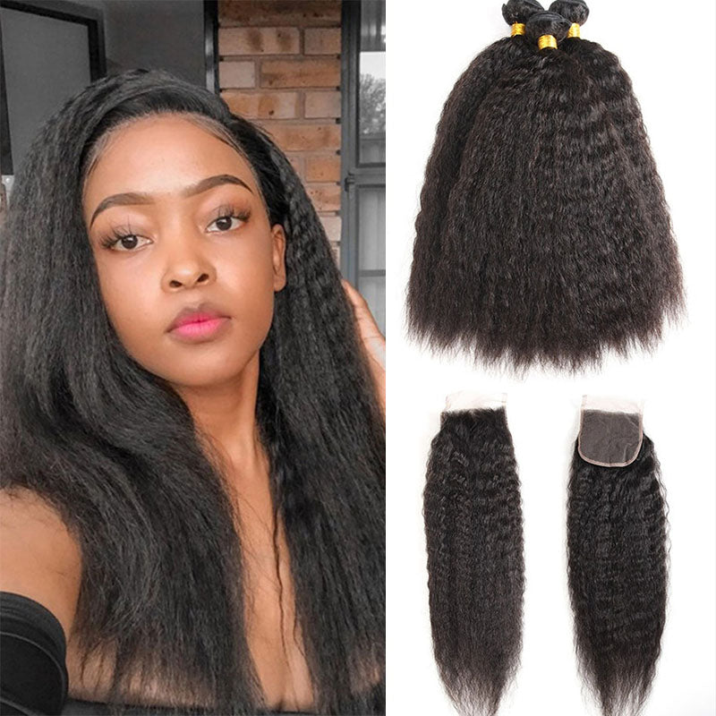 Wesface Kinky Straight 3 Pcs Bundles Hair Weft With 4x4 Lace Closure Natural Black Human Hair