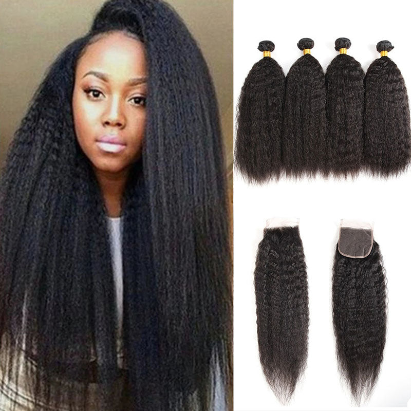 Wesface Kinky Straight 4 Pcs Bundles Hair Weft With 4x4 Lace Closure Natural Black Human Hair