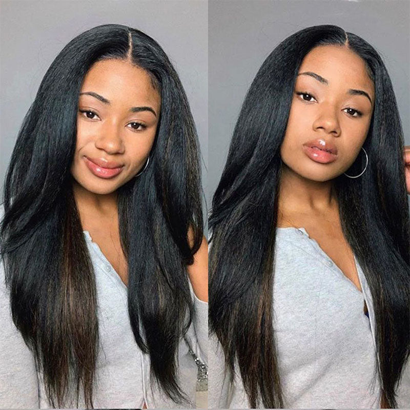 Peluca de cabello humano Wesface Kinky Straight Full Transparent con encaje, color negro natural