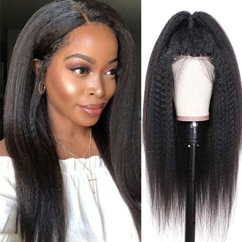 Peluca de cabello humano Wesface Kinky Straight Full Transparent con encaje, color negro natural