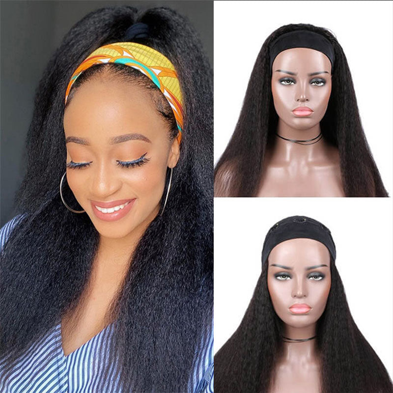 Peluca con diadema rizada y lacia de Wesface, cabello humano virgen negro natural para mujeres, densidad del 180 %
