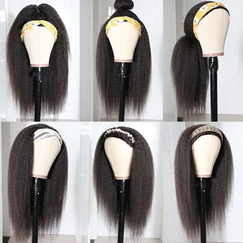 Peluca con diadema rizada y lacia de Wesface, cabello humano virgen negro natural para mujeres, densidad del 180 %