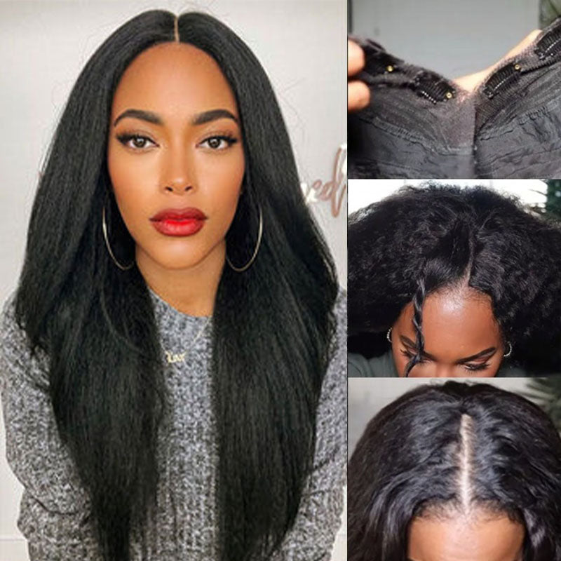 Wesface Kinky Straight V Part Wig Natural Black Human Virgin Hair For Women 180% Density