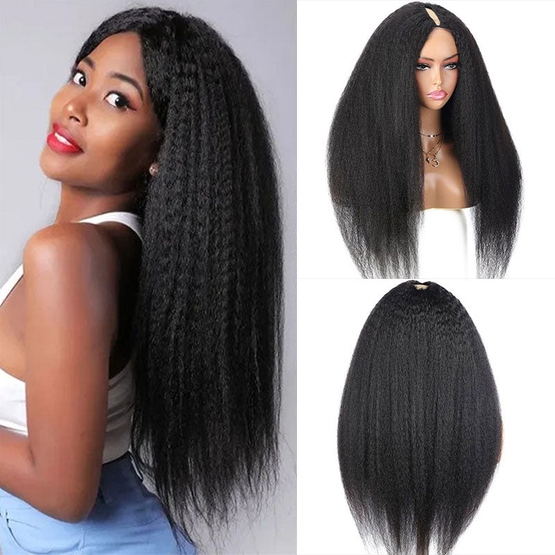 Wesface Kinky Straight V Part Wig Natural Black Human Virgin Hair For Women 180% Density