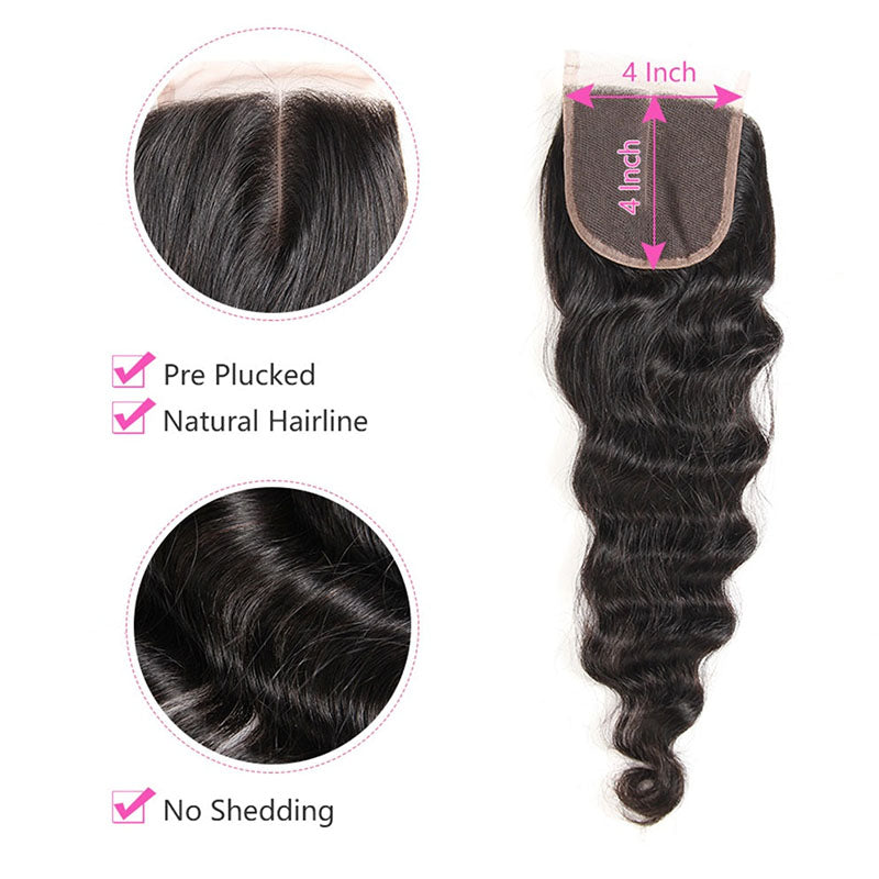Wesface Loose Deep Wave 1 Pcs 4x4 Lace Closure Natural Black Human Virgin Hair