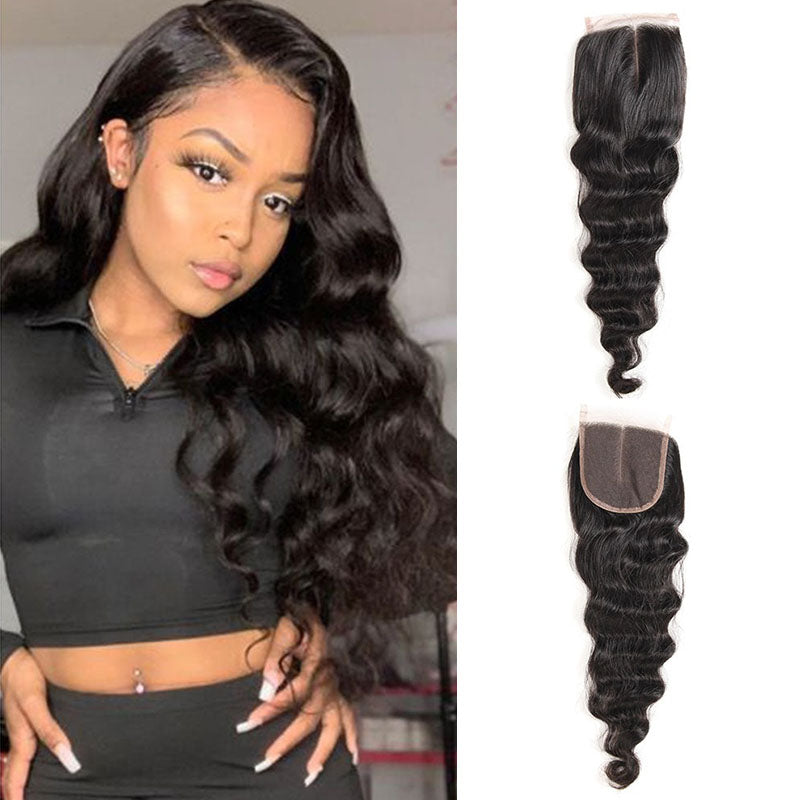 Wesface Loose Deep Wave 1 Pcs 4x4 Lace Closure Natural Black Human Virgin Hair