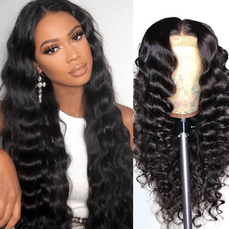 Wesface Loose Deep Wave 13x4 Lace Front Wig Peruca de cabelo humano preto natural