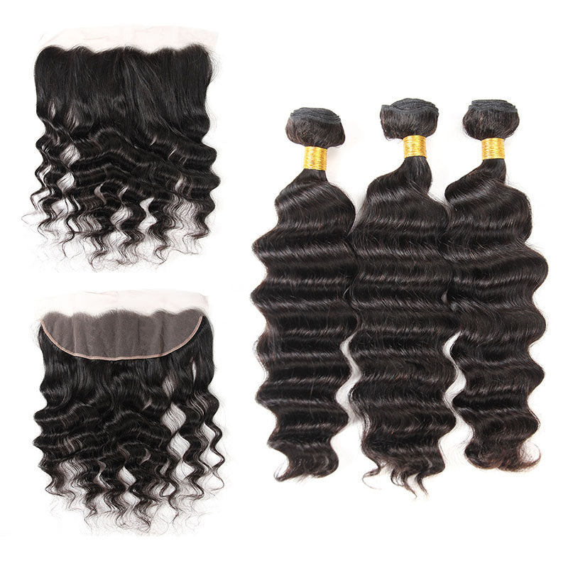 Wesface Loose Deep Wave 3 Pcs Bundles Hair Weft With 13x4 Lace Frontal Natural Black Human Virgin Hair