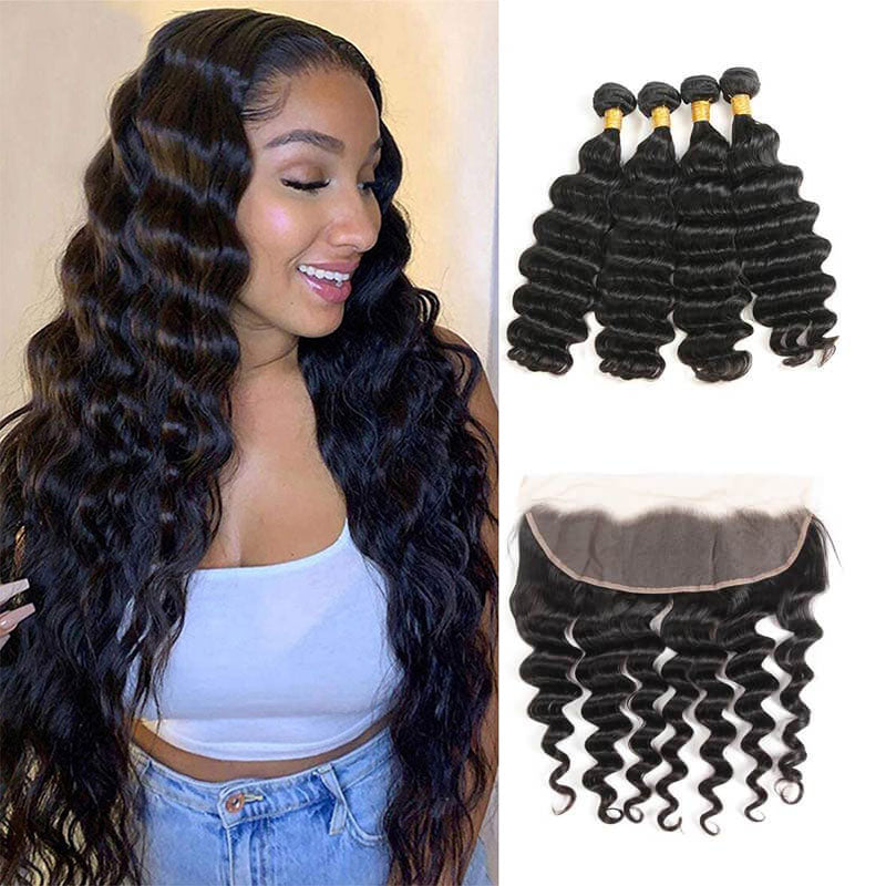Wesface Loose Deep Wave 4 Pcs Bundles Hair Weft With 13x4 Lace Frontal Natural Black Human Virgin Hair