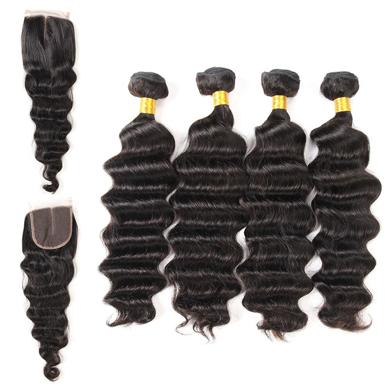 Wesface - Mechones de 4 mechones de cabello suelto de ondas profundas con cierre de encaje de 4 x 4, cabello humano virgen negro natural