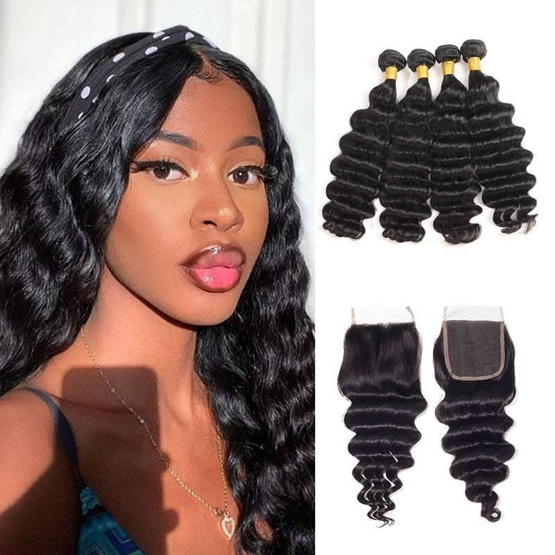 Wesface - Mechones de 4 mechones de cabello suelto de ondas profundas con cierre de encaje de 4 x 4, cabello humano virgen negro natural